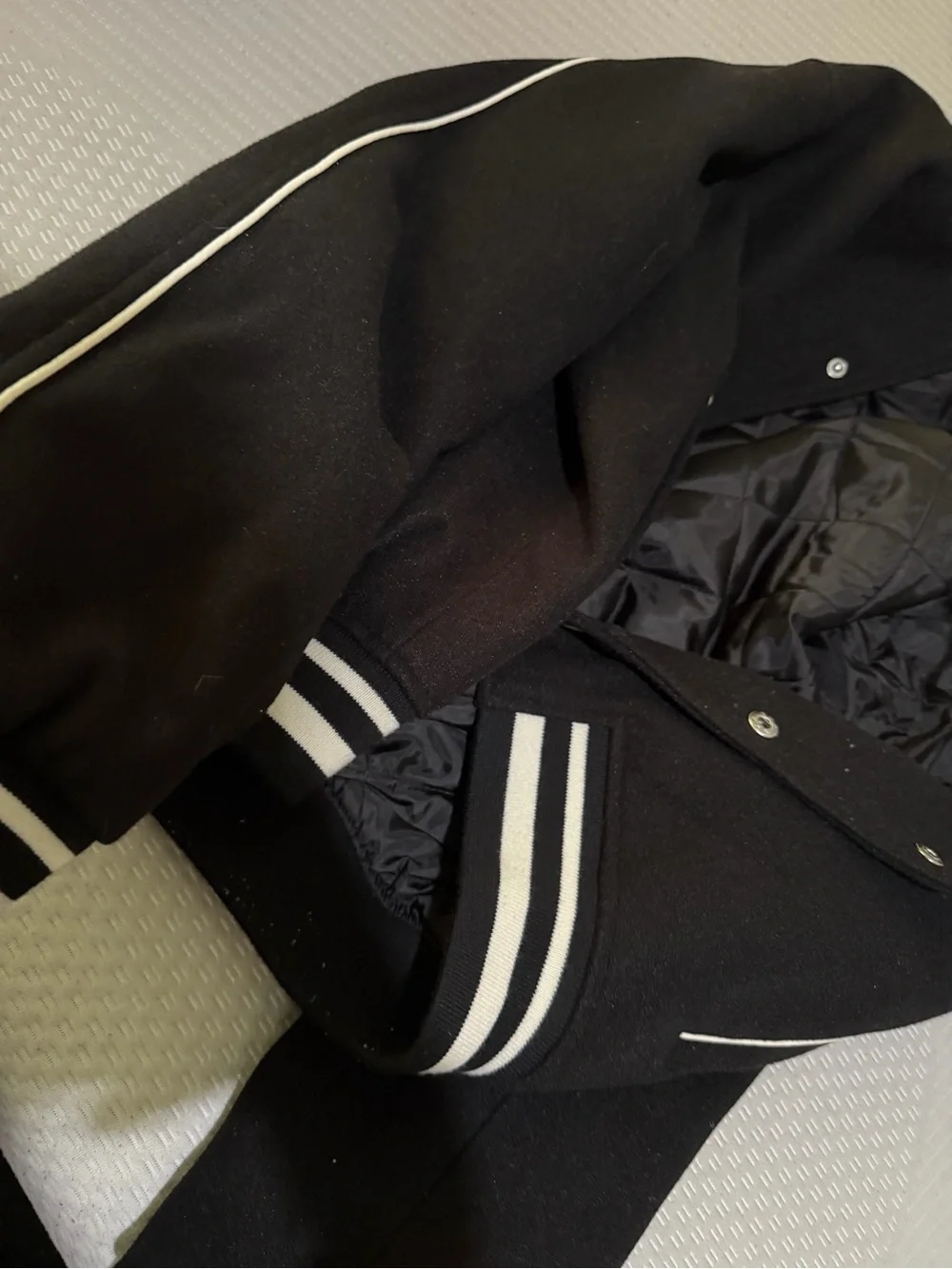 Forever 21 Black Varsity Jacket with White Stripe Trim